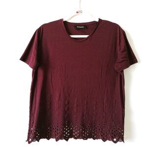 The Kooples Womens Burgundy Short Sleeve Scalloped Eyelet Hem Blouse Top Size S